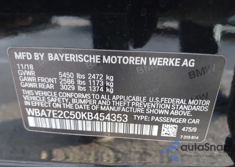 2019 BMW 740I из США, поврежденный, VIN WBA7E2C50KB454353